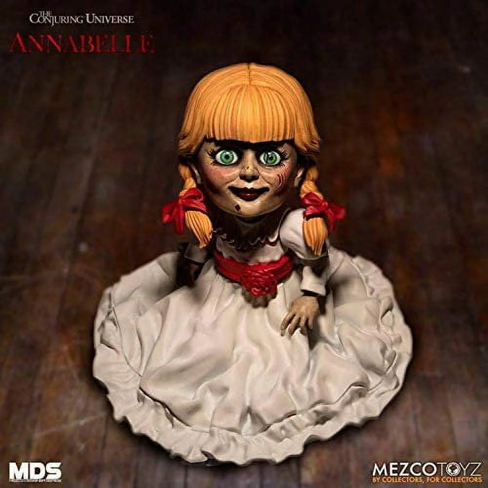 Mezco Toyz Annabelle Comes Home Designer Series Doll, 6-Inch, 7 Points of Articulation, Interchangeable Legs, White Dress with Red Ribbon