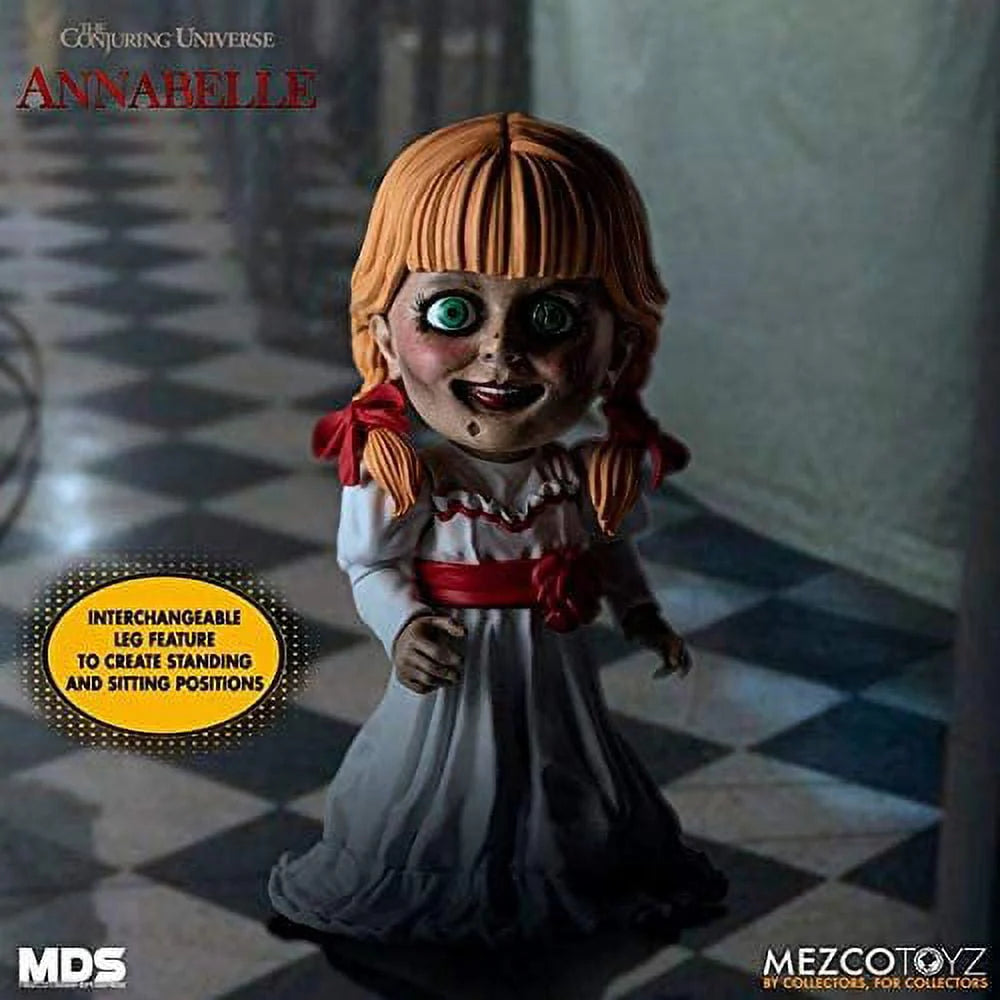 Mezco Toyz Annabelle Comes Home Designer Series Doll, 6-Inch, 7 Points of Articulation, Interchangeable Legs, White Dress with Red Ribbon